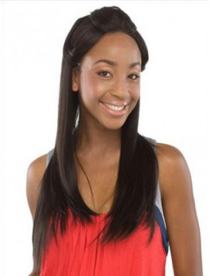 Without Bangs Sleek Straight Black Long Human Hair Lace Front Wigs