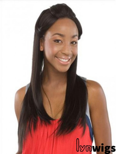 Without Bangs Sleek Straight Black Long Human Hair Lace Front Wigs