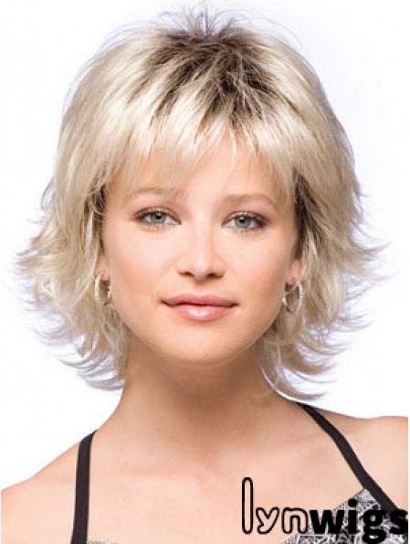 Synthetic Hair Wigs Chin Length With Bangs Blonde Color With Capless