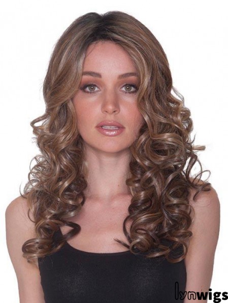 Without Bangs 100% Hand-tied 18 inch Curly Brown Long Wigs