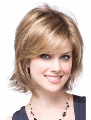 Synthetic With Capless Chin Length Blonde Color Layered Cut