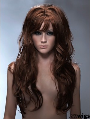 Long Synthetic Hair With Bangs Capless Wavy Style Auburb Color