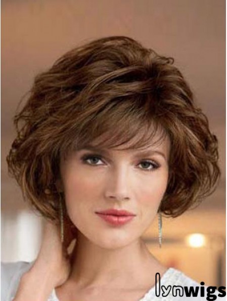 UK Synthetic Wigs Bobs Cut Short Length Brown Color Wavy Style