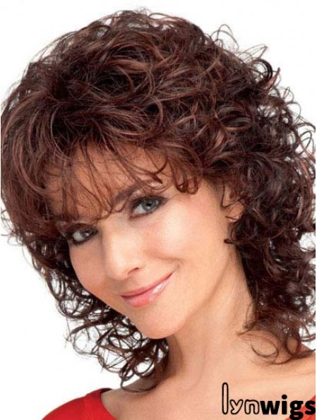 Curly Wigs Synthetic Hair With Bangs Auburn Color Shoulder Length