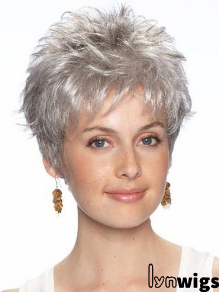 Short Grey Wig With Synthetic Lace Front Wavy Style Grey Cut