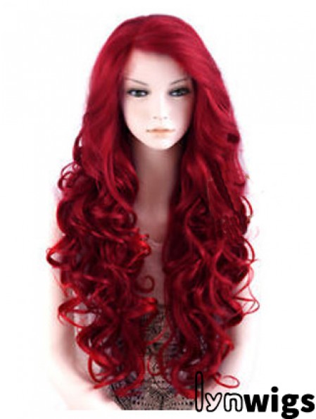 24 inch Red Long Wavy Large Cap Synthetic Lace Front Wigs