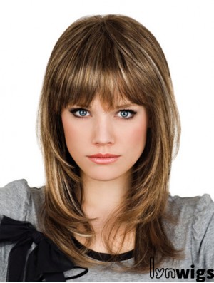 Brown Shoulder Length Wavy With Bangs 14 inch Suitable Medium Wigs