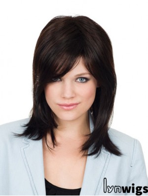 Brown Shoulder Length Straight With Bangs 12 inch Popular Medium Wigs