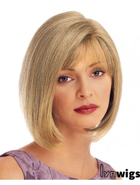 Chin Length Straight Blonde With Bangs UK Cheap Monofilament Wigs