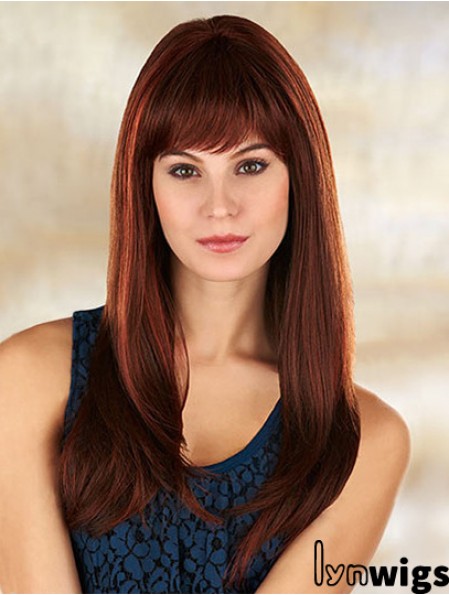 Comfortable Auburn Straight With Bangs Long Wigs