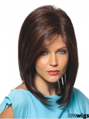 Brown Shoulder Length Straight With Bangs 14 inch Hairstyles Medium Wigs