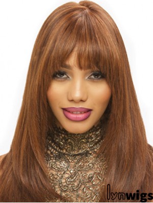 Synthetic Brown Straight With Bangs Monofilament Hand Tied Wigs