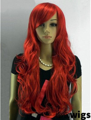 24 inch Wavy With Bangs Capless Red Affordable Long Wigs