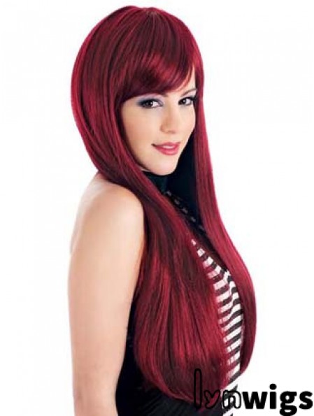 Straight With Bangs Lace Front Ideal 24 inch Red Long Wigs