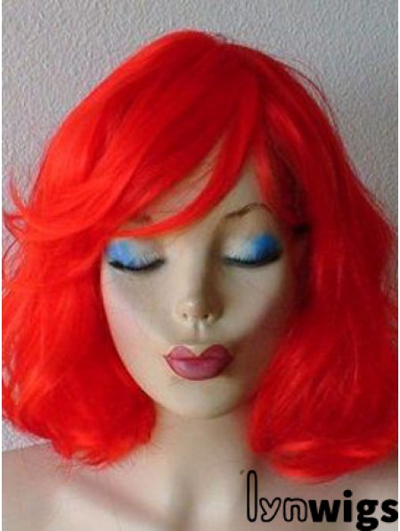 Wavy With Bangs Shoulder Length Red Suitable Lace Front Wigs