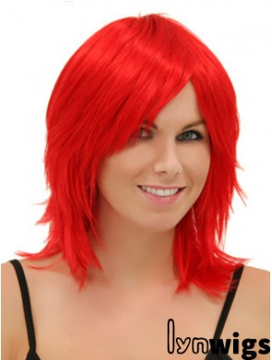 Red Shoulder Length Straight Without Bangs 14 inch Modern Medium Wigs