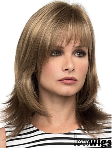 With Bangs Brown Wavy Shoulder Length 14 inch Sassy Medium Wigs