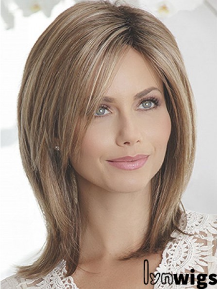 Layered Brown Straight Shoulder Length 14 inch Sleek Medium Wigs