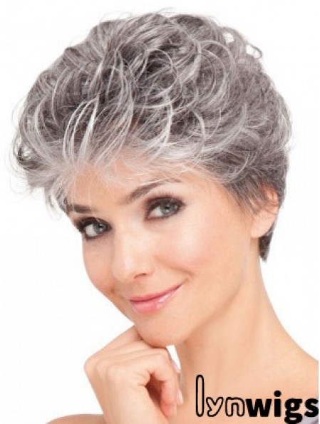 Lace Front Synthetic Grey Short Wavy Elderly Lady Hair Wigs