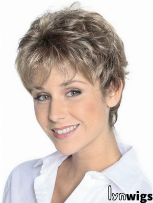 Grey Hair Wigs Short Brown Color Cropped Length Wavy Style