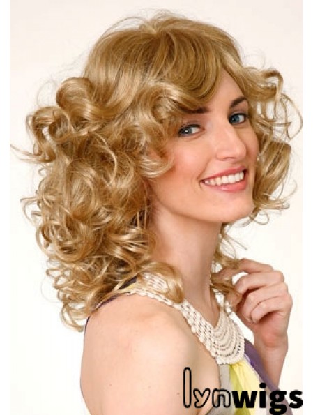 Layered Blonde Curly Shoulder Length 16 inch Durable Medium Wigs