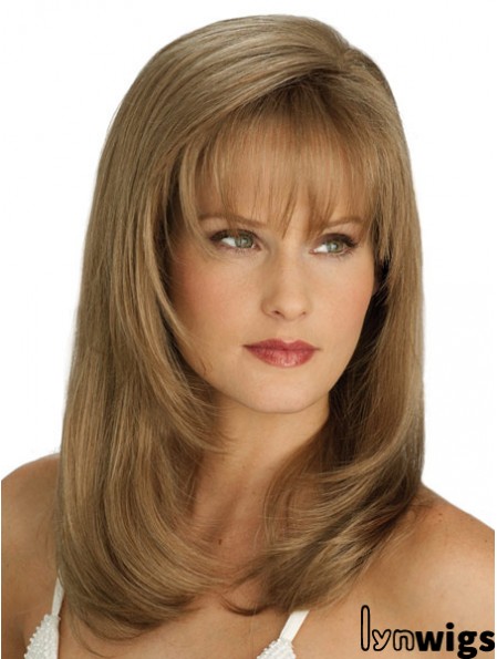 Straight With Bangs Long Blonde Flexibility Lace Front Wigs