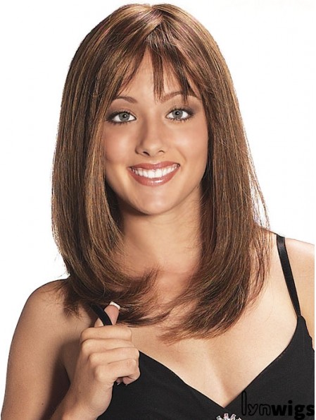 Layered Shoulder Length Auburn Straight Trendy Petite Wigs With Bangs For Women