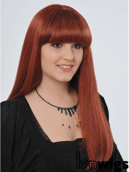 22 inch Red Long Straight With Bangs Monofilament Real Hair Wigs