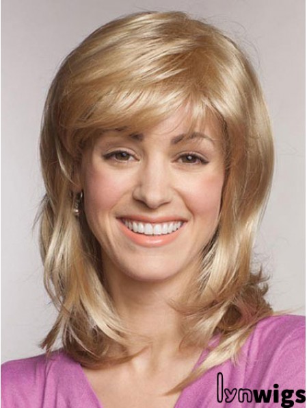 Straight With Bangs Shoulder Length Blonde Popular Lace Front Wigs