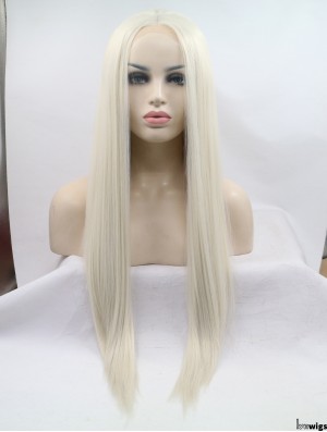 Lace Front Without Bangs Long Straight Grey 28 inch Synthetic Wigs