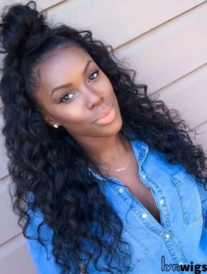 Curly Black 18 inch Without Bangs Remy Human Hair 360 Lace Wigs