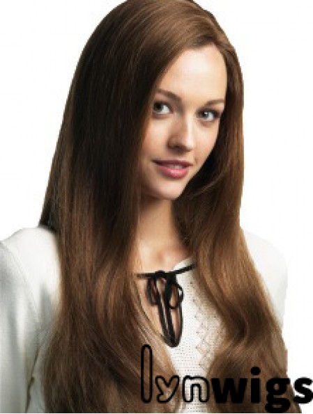 Long Straight Without Bangs Brown Cheap 100% Hand-tied Wigs