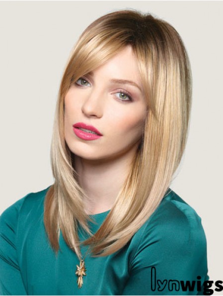 Blonde 16 inch Convenient Long Straight With Bangs Lace Wigs