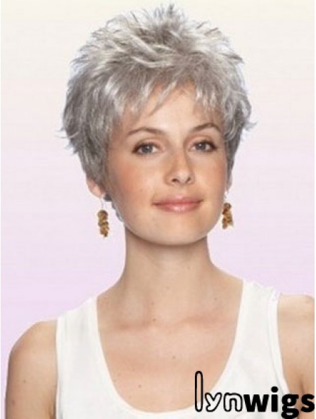 Grey Wig With Capless Cropped Length Boycuts Wavy Style