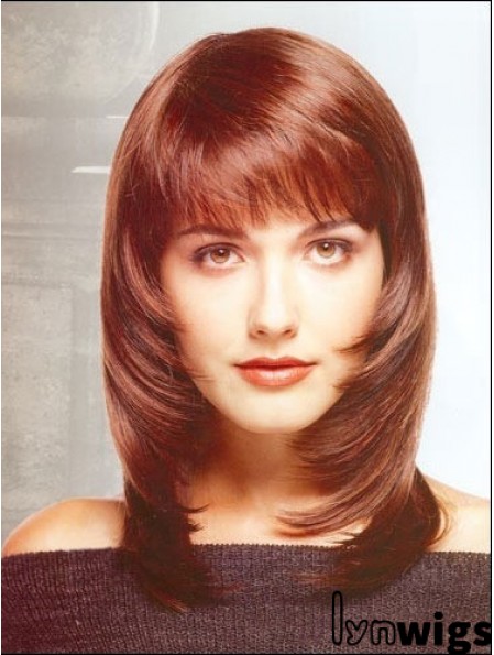 Fashion Straight Red Shoulder Length With Bangs Medium Wigs