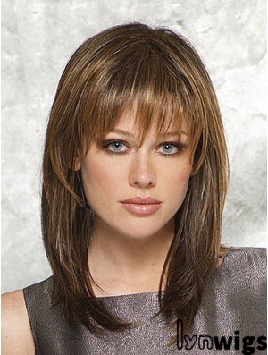 Sassy Straight Brown Shoulder Length With Bangs Medium Wigs