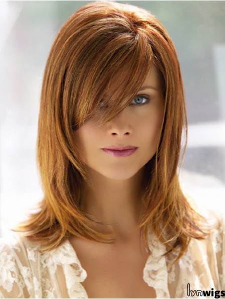 Shoulder Length With Bangs 14 inch Straight Auburn Medium Wigs