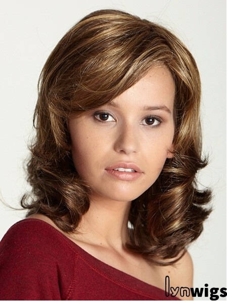 Shoulder Length With Bangs 15 inch Curly Brown Medium Wigs