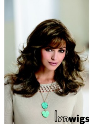 Sleek Brown Wavy With Bangs Capless Long Wigs