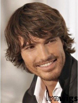 Comfortable Brown Mens Wigs Chin Length Capless Wavy Mens Long Wig