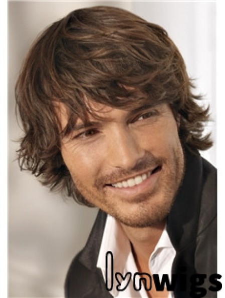 Brown Remy Human Short Wavy Monofilam Cheap Wigs For Men