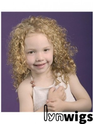 Curly Shoulder Length Blonde Synthetic 100% Hand-tied Kids Wigs