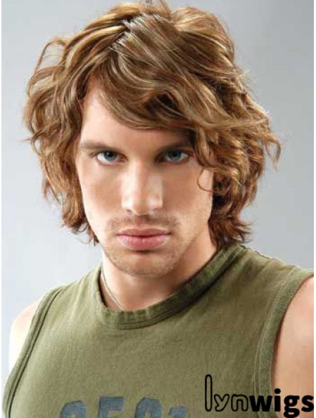 Lace Front Brown Remy Human Curly With Bangs Men's Wigs In UK