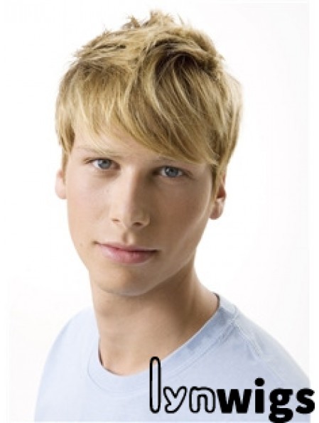 Remy Human 100% Hand Tied Short Wavy Blonde Wigs For Men