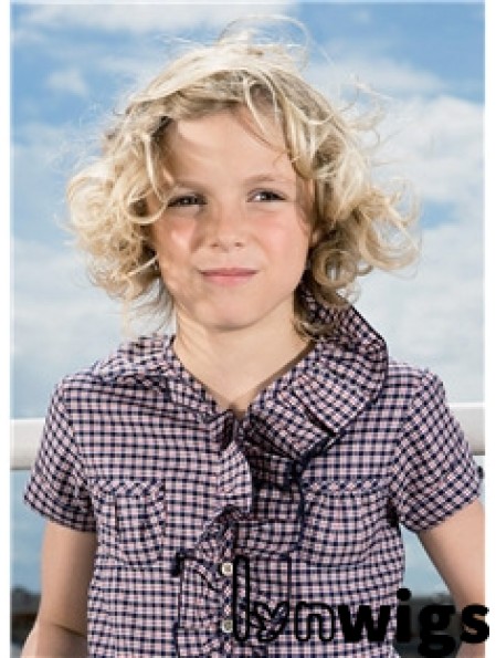 Curly Chin Length Blonde Synthetic 100% Hand-tied Kids Wigs