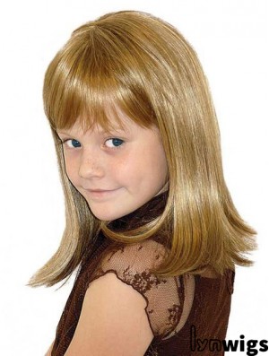 Straight Shoulder Length Blonde Synthetic 100% Hand-tied Kids Wigs