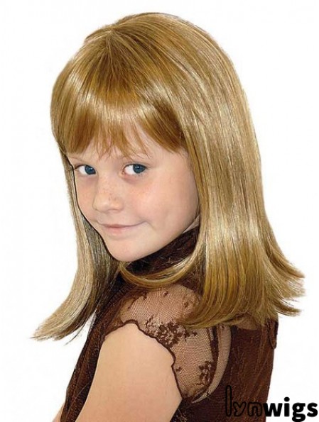 Straight Shoulder Length Blonde Synthetic 100% Hand-tied Kids Wigs