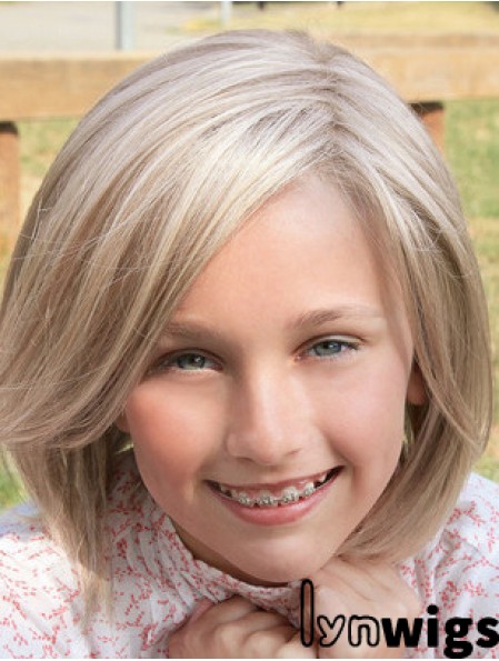 Straight Shoulder Length Blonde Synthetic Lace Front Kids Wigs