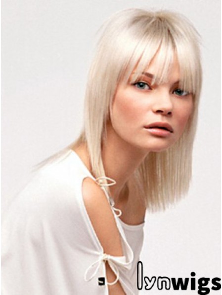 Lace Front With Bangs Shoulder Length Straight 14 inch Platinum Blonde No-Fuss Fashion Wigs