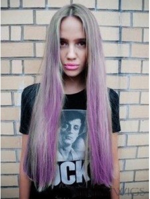 Fashionable Ombre/2 Tone Long Straight Without Bangs 28 inch Human Lace Wigs